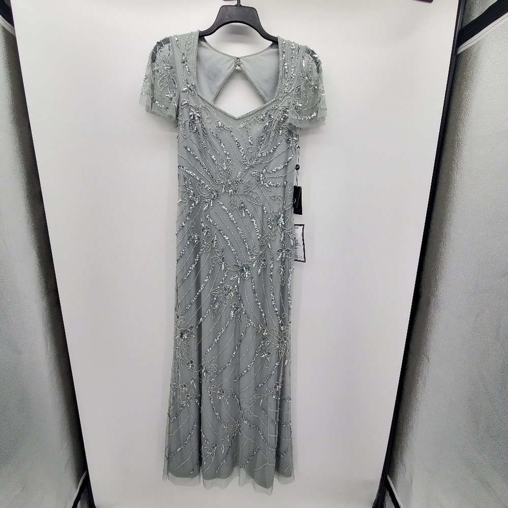 Adrianna Papell frosted sage beades long dress new with tags flaws women's 8